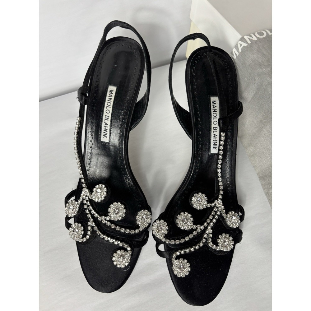 MANOLO BLAHNIK Fernusan 90 Jewel Crystals Black Satin SANDALS SHOES EU 42 US 12